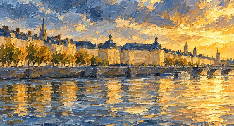 An impasto painting of Bordeaux’s riverside in warm evening light.