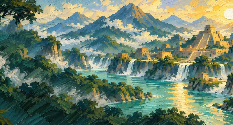 A painted jade-green valley and sunlit stronghold beside a river.