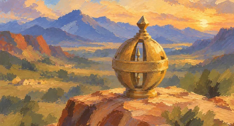 A golden Liahona rests above a mountain valley in warm evening light.
