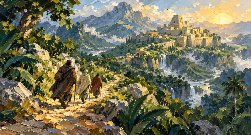 Three travelers follow a mountain trail toward an imagined ancient city.