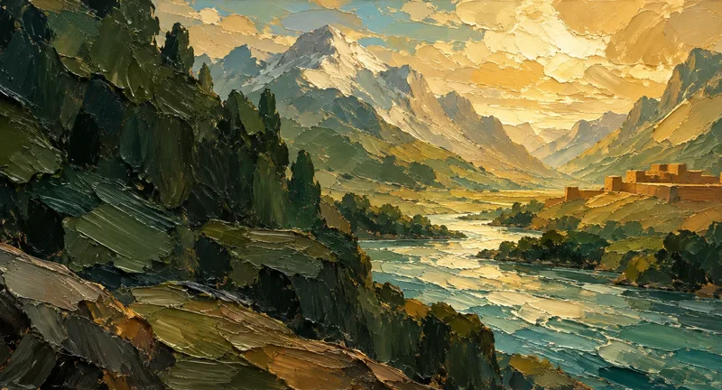 A winding river leads through a painted mountain wilderness toward a fortress.